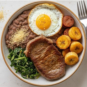 Bife grelhado suculento, ovo com gema mole, feijão com farofa, rodelas de banana e folhas verdes.